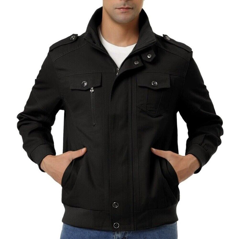Men Wear Classic Utility Jacket Size L - XL Full Zip Black Military Stand Collar